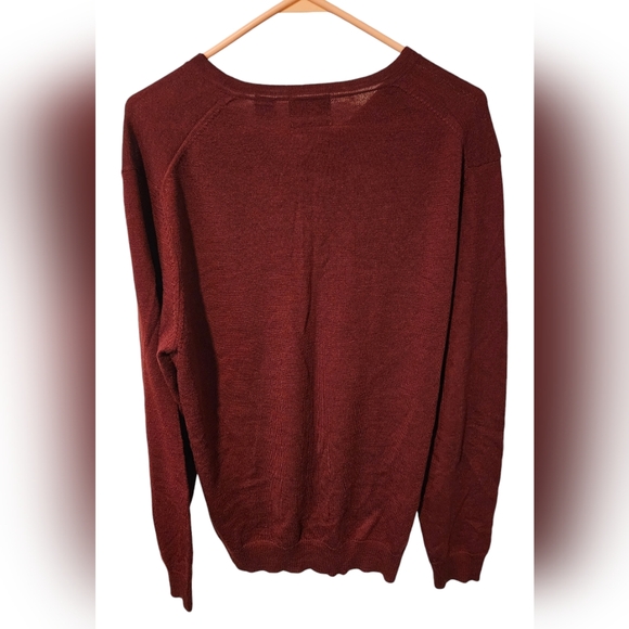 Calvin Klein Sweater Men's L Burgundy 100% Extra Fine Merino Wool Knit V-Neck - Picture 2 of 3